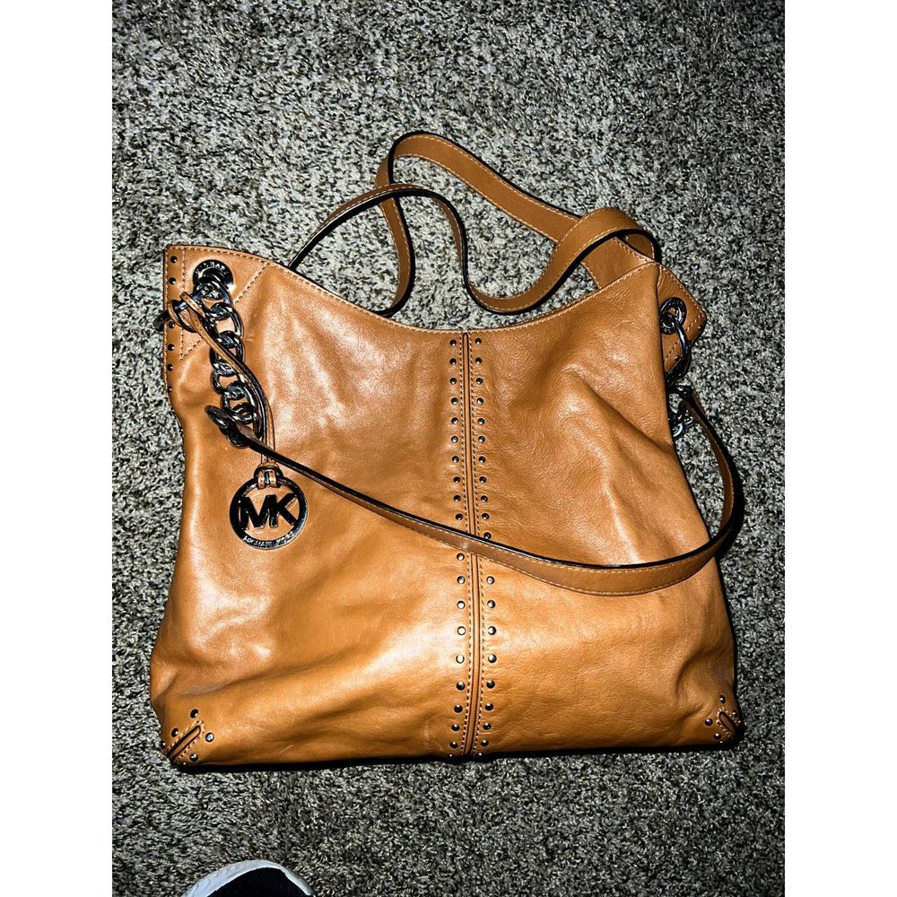 MK Uptown Astor Gold Studded Sway Shoulder Caramel Leather Bag 15 x 13